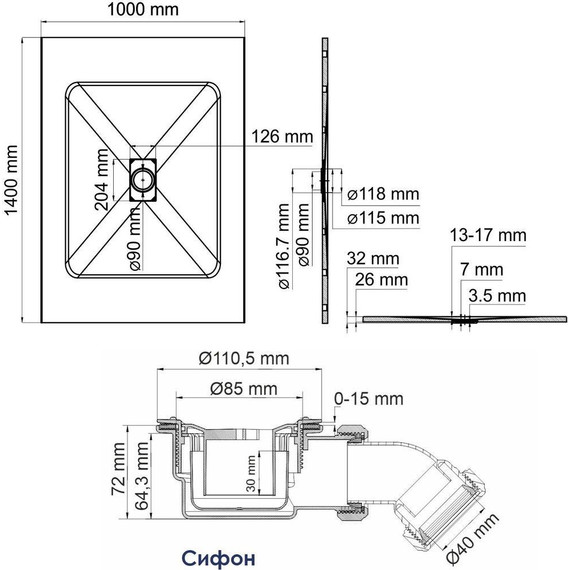 Поддон SMC WasserKraft Elbe 140х100 см 74T37, чёрный фото 2
