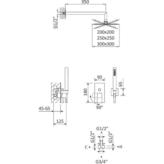 Душевая система для душа Cezares PORTA-DSIPQ-30-SR (верхний душ 300x300 мм) sunrise, Цвет производителя: Sunrise фото 2